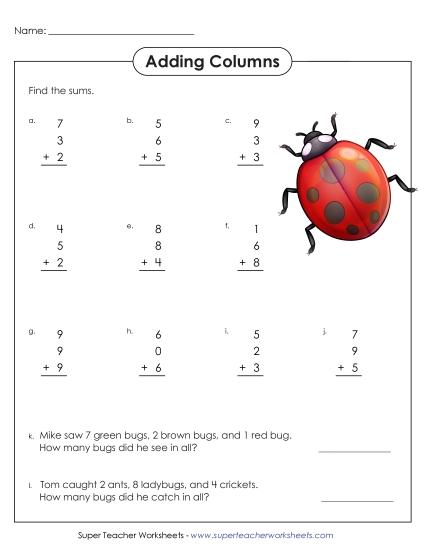 One-Digit - Single-Digit Numbers, 3 Addends (Printable PDF Worksheet)