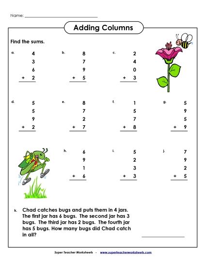 One-Digit - Single-Digit Numbers, 4 Addends (Printable PDF Worksheet)