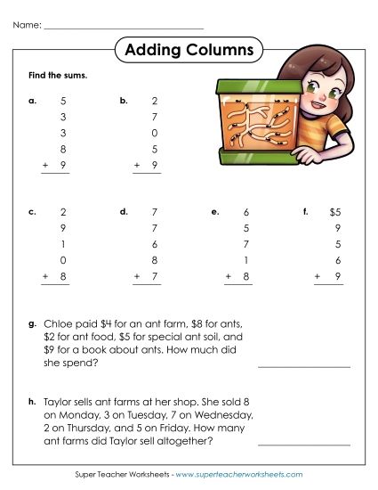 One-Digit - Single-Digit Numbers, 5 Addends (Printable PDF Worksheet)