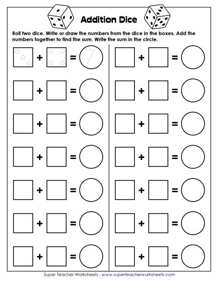 Addition Worksheets, Games, & Puzzles - Single Player Addition Dice Game (Printable PDF Worksheet)