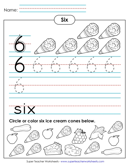 Number Six - Six: Trace, Print, Count (Printable PDF Worksheet)