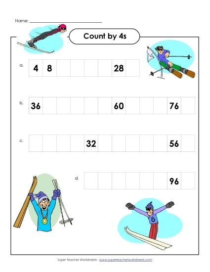 Skiing - Count by 4s (Printable PDF Worksheet)