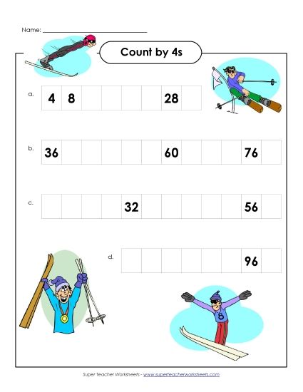 Skip Counting by 4s - Skiing: Count by 4s (Printable PDF Worksheet)