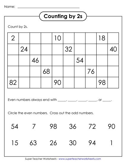 Skip Count by 2s (Even Numbers up to 100) (Printable PDF Worksheet)