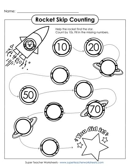 Skip Count By 10s - Skip Counting Rockets (Printable PDF Worksheet)