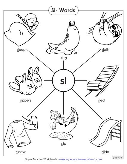 Phonics Blends and Digraphs - Sl- Words (Printable PDF Worksheet)