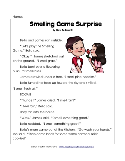 Reading Comprehension - Smelling Game Surprise Story (Printable PDF Worksheet)