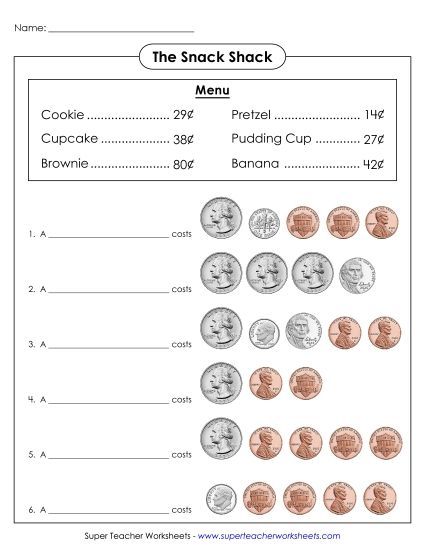 Coins Only (No Bills) - Snack Shack (Printable PDF Worksheet)