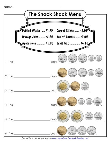 Mixed Coins - Snack Shack (Harder)  A (Printable PDF Worksheet)