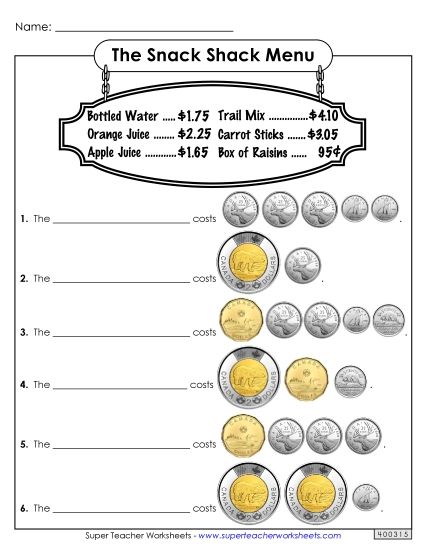 Mixed Coins - Snack Shack (Harder) (Printable PDF Worksheet)