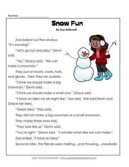 Reading Comprehension - Snow Fun (Fiction)  (Printable PDF Worksheet)