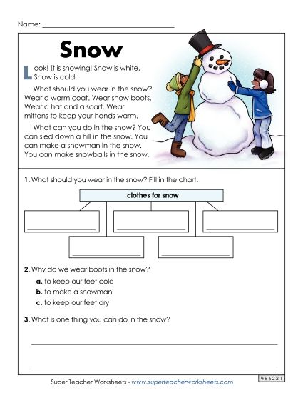Reading Comprehension - Snow (Short Winter Themed Article) (Printable PDF Worksheet)