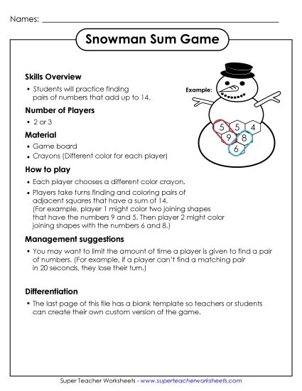 Sum Game - Snowman Sum Game (Printable PDF Worksheet)