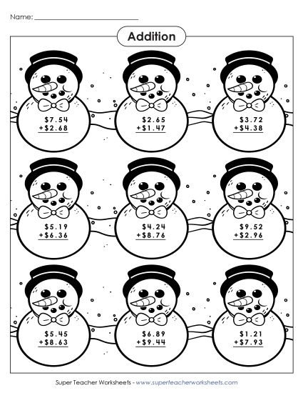 Adding Money - Snowmen Addition Picture (Money) (Printable PDF Worksheet)
