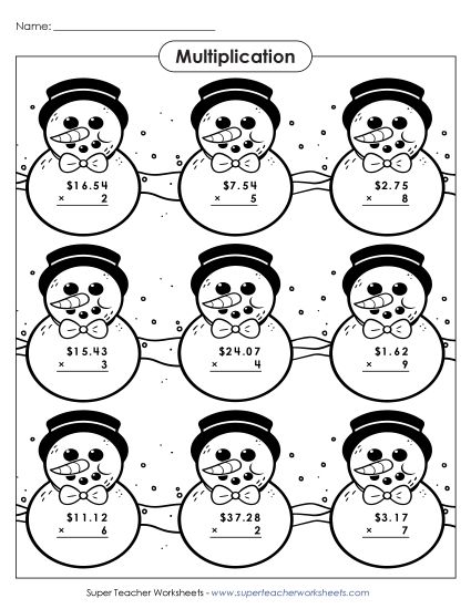 Money Times 1-Digit Worksheets - Snowmen Multiplication Picture (Money) (Printable PDF Worksheet)