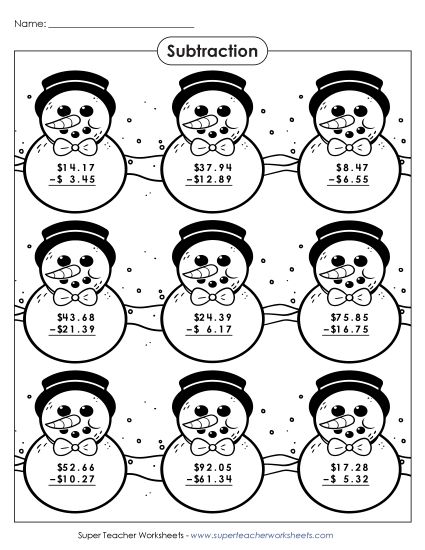 Subtracting Money Worksheets - Snowmen Subtraction Picture (Money) (Printable PDF Worksheet)