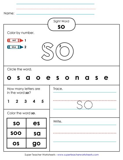 Individual Sight Words - So (Sight Word) (Printable PDF Worksheet)