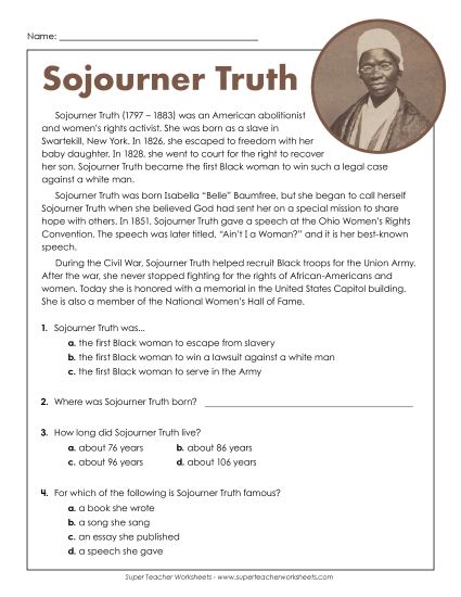 Biography - Sojourner Truth (Printable PDF Worksheet)