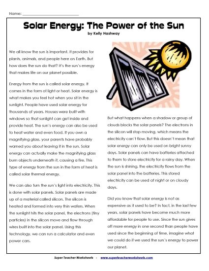 Nonfiction Articles - Solar Energy (Printable PDF Worksheet)