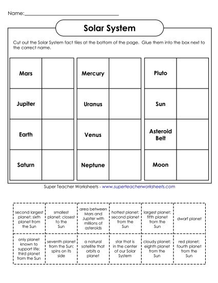 Worksheets (Level: Intermediate) - Solar System Cut-and-Glue (Printable PDF Worksheet)