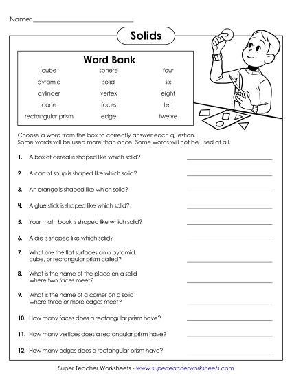Faces, Edges, Vertices - Solid Shapes Questions with Word Box (Printable PDF Worksheet)