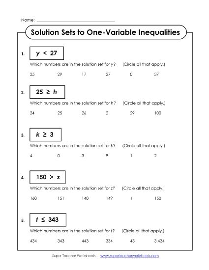 Basic Level: Positive Whole Numbers Only - Solution Sets (Basic) (Printable PDF Worksheet)