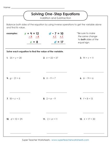 Solving for Variables Addition & Subtraction Only - Solving One Step Equations: Basic (Addition & Subtraction) (Printable PDF Worksheet)