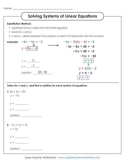 Solving Systems of Linear Equations (Basic) (Printable PDF Worksheet)