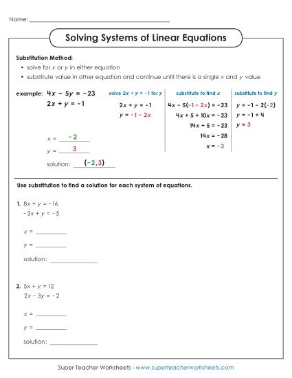 Solving Systems of Linear Equations (Intermediate) (Printable PDF Worksheet)