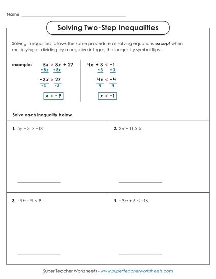 Basic Level - Solving Two-Step Inequalities (Basic) (Printable PDF Worksheet)