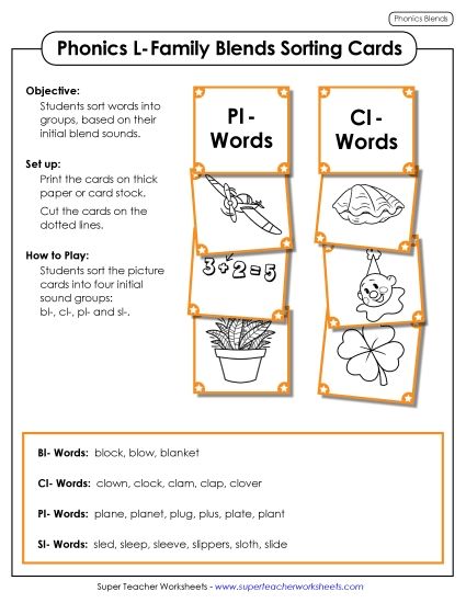 Cards & Games - Sorting Cards: L-Family Blends (Printable PDF Worksheet)