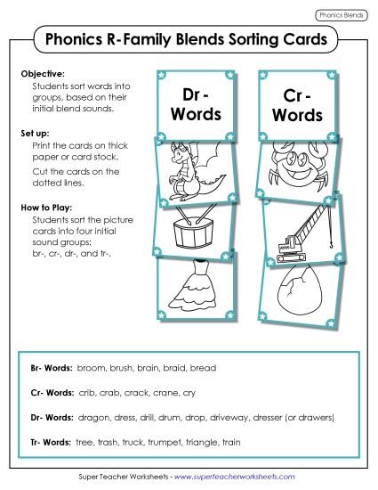 Cards & Games - Sorting Cards: R-Family Blends (Printable PDF Worksheet)