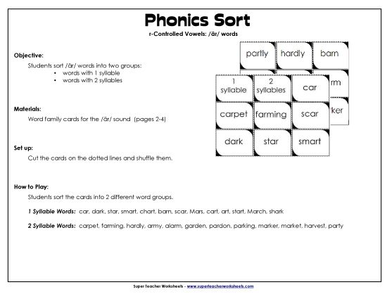  /är/ Sound (as in Star) - Sorting: /är/ Words (Printable PDF Worksheet)