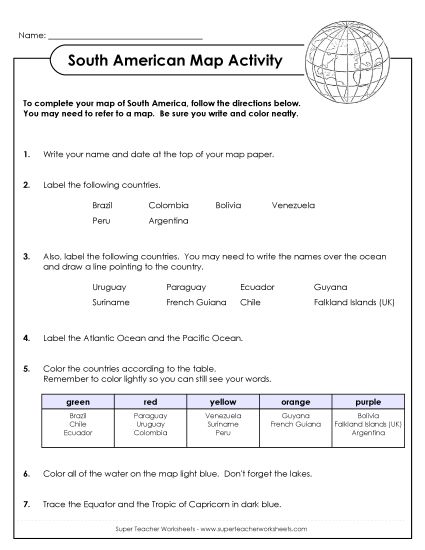 Maps of South America - South America - Map Activity (Printable PDF Worksheet)