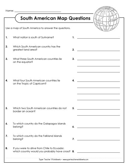 Maps of South America - South America - Questions (Printable PDF Worksheet)