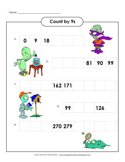Skip Count by 9s - Space Alien Counting (Printable PDF Worksheet)