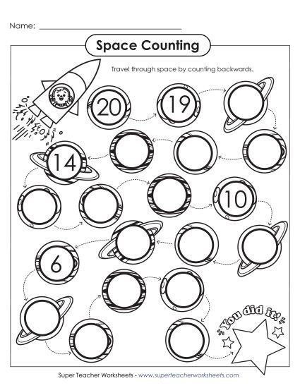 Counting Back from 20 - Space Counting (Counting Back from 20) (Printable PDF Worksheet)