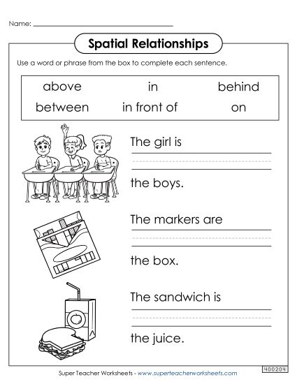 Fill-in-the-Blank Worksheets - Spatial Relationships at School (Printable PDF Worksheet)