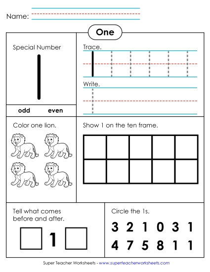 Single-Digit Numbers - Special Number: 1 (Printable PDF Worksheet)
