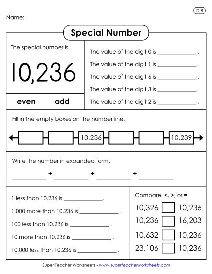 5-Digit Numbers - Special Number: 10,236 (Printable PDF Worksheet)