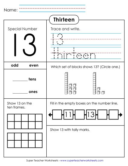 2-Digit Numbers - Special Number: 13 (Printable PDF Worksheet)