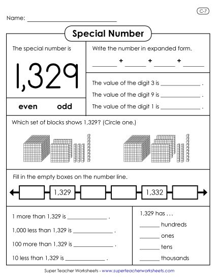 4-Digit Numbers - Special Number: 1,329 (Printable PDF Worksheet)