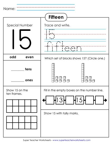 2-Digit Numbers - Special Number: 15 (Printable PDF Worksheet)