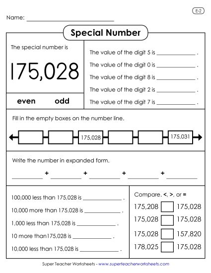 6-Digit Numbers - Special Number: 175,028 (Printable PDF Worksheet)