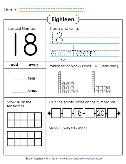 2-Digit Numbers - Special Number: 18 (Printable PDF Worksheet)
