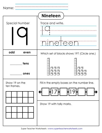 2-Digit Numbers - Special Number: 19 (Printable PDF Worksheet)