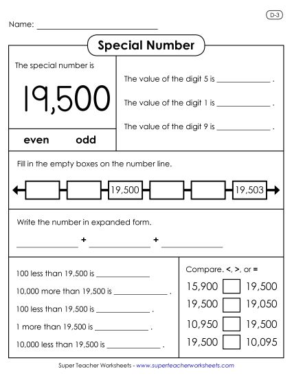 5-Digit Numbers - Special Number 19,500 (Printable PDF Worksheet)