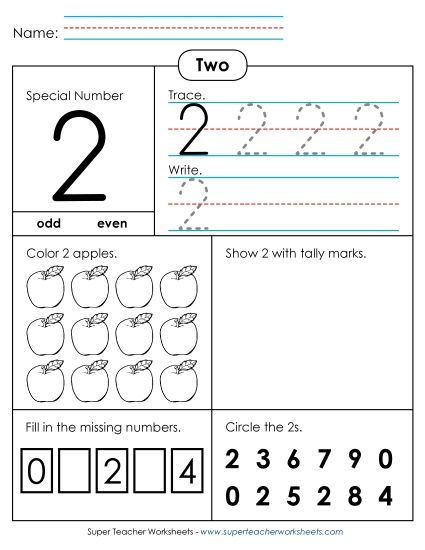 Math - Special Number: 2 Writing and Counting to 2 (Printable PDF Worksheet)