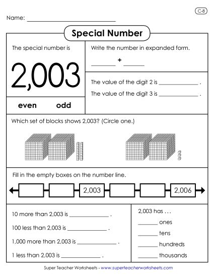 4-Digit Numbers - Special Number: 2,003 (Printable PDF Worksheet)