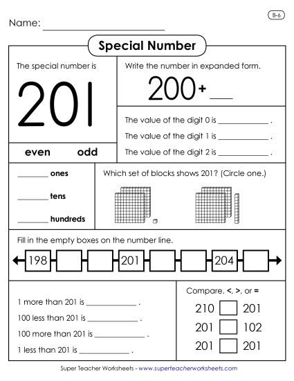 3-Digit Numbers - Special Number: 201 (Printable PDF Worksheet)